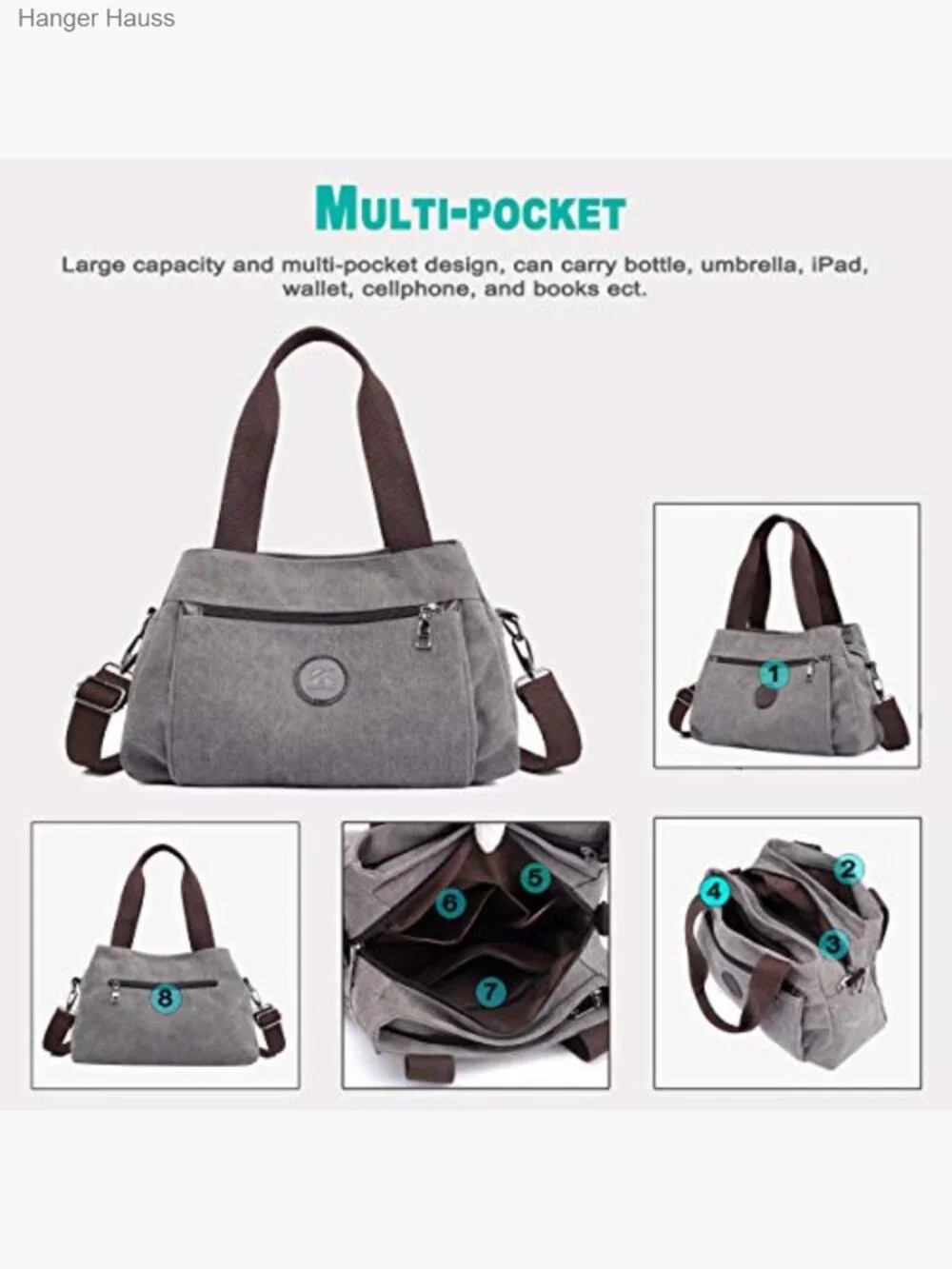 Canvas Hobo Bag - 3 Compartments Crossbody Tote Adjustable Strap